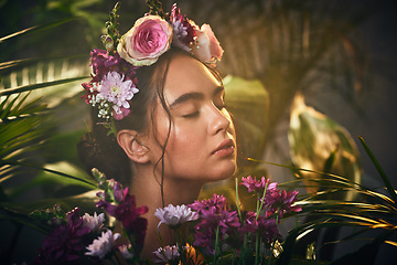 Image showing Beauty, skincare and flower crown with woman in flowers for natural cosmetic treatment and plants. Skin care, organic treatment and cosmetology in nature with female model and floral wreath