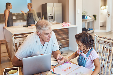 Image showing Learning, girl drawing and grandpa care in a kitchen remote working with a kid at home. Family, creative coloring and youth education development of a man and child bonding together with elearning