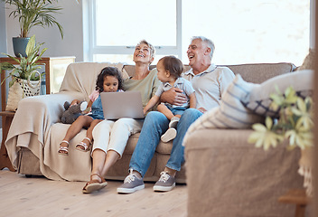 Image showing Happy, family and laptop on the sofa with children and grandparents on home sofa. Senior man and woman relax online with their adopted grandchildren while watching funny movie, streaming or cartoon