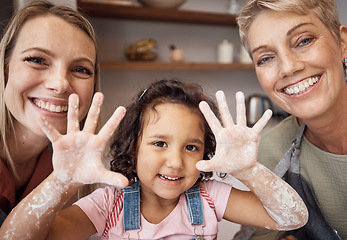 Image showing Hands, family and children with a girl baking in the kitchen of her home with mother and grandmother. Kids, cooking and chef with a woman, daughter and parent learning how to bake together in a house