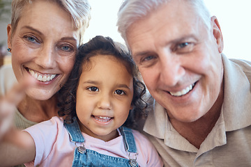 Image showing Adoption, selfie and grandparents with girl, family love and happy smile while bond together in support, care or happiness. Excited kid, retired senior grandma and grandfather take social media photo