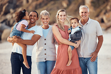 Image showing Interracial family, beach smile and children together on a bonding with happiness and kid care. Portrait of a happy, vacation and parents with senior grandparents holding kids with love outdoor