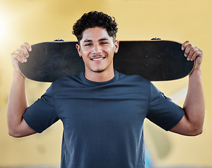 Image showing Portrait, skater and skateboard happy man, smile and confident to practice, for health and fun. Athletic, young male, being casual ready to skate outdoor training, happiness and relax in street.