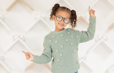 Image showing Child, glasses and eye care vision support for medical healthcare. Portrait of young girl, happy and healthy eye exam success or lens wellness treatment in optometrist eye clinic, surgery or store