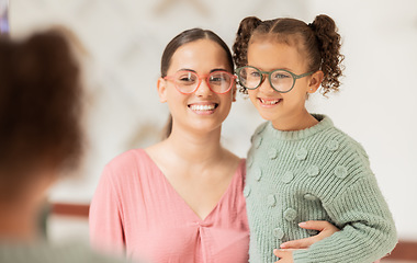 Image showing Glasses, mirror and mother with child happy for vision eye care insurance, frame choice and medical family deal, promotion or discount. Happy mom and girl kid with eyes service in lens shop or store