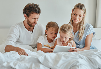 Image showing Tablet, movie and family in bedroom streaming a lovely series on subscription online and relaxing on a lazy morning. Mother, father and children watching tv for bonding and entertainment on a weekend