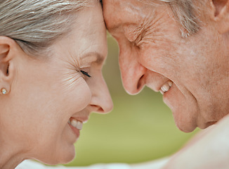 Image showing Love, senior couple and touch face of a marriage with elderly people feeling care and happiness. Happy, holding and smile of a wife and man together loving retirement and life with gratitude outdoor