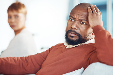 Image showing Black man ignore partner in couple fight, divorce and angry affair, stress and anxiety in marriage conflict, toxic relationship and problem. Husband feeling angry, frustrated and depressed with wife