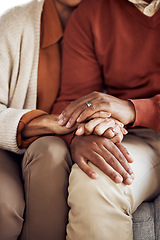 Image showing Love, black couple and holding hands together for marriage, quality time and happiness for bonding and retired. Retirement, African American man and woman with romantic hand gesture and anniversary.