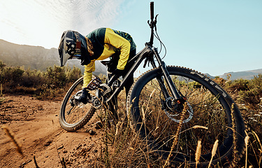 Image showing Cycling, mountain bike and man fixing chain for bicycle maintenance, repair and problem solving broken bike gear. Countryside fitness, nature exercise and training athlete travel in Las Vegas desert