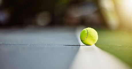 Image showing Tennis court, sports and green ball on floor for exercise, workout and training for mockup athlete background for health and wellness. Fitness, game and sport motivation for competition and cardio