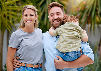Image showing Happy family hug, love and care in park, garden and nature for lifestyle, kid and together outdoor. Portrait of smile man, relax woman and little boy in summer backyard on vacation in Costa rica