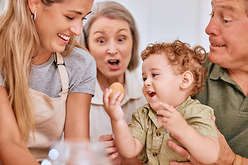 Image showing Family, kitchen and happy with baby, baking and bonding in home. Mother, smile and boy child cooking for happiness, love and time together with egg, fun and grandparents help for cookies in house