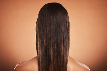 Image showing Brunette woman, shine and hair care, beauty salon, balayage and hair dye, color cosmetics and wig extension on studio orange background. Back of head, scalp and long hair style with smooth texture