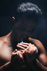 Image showing Boxer man, fight and blood of a boxing fighter with cigarette after training accident and a injury. Smoking fitness, workout exercise and wellness athlete smoke with a hand bandage from sport