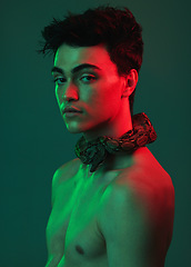 Image showing Beauty, art and portrait of man with snake on neck in neon studio, danger and creative style. Skincare, color and lights, seductive male fashion model with sexy look on green background and red light