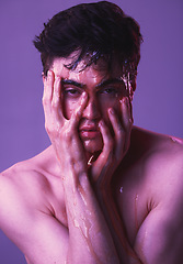 Image showing Honey, skincare and face model in studio portrait for facial mask, cosmetics and beauty aesthetic in purple. Dermatology, art or skin care of young man with natural face mask in a creative headshot