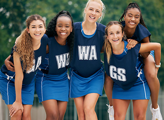 Image showing Diversity, girl team and netball game motivation, conversation and happy for collaboration, embrace and plan to win. Teamwork, sports women and smile for success, match strategy and huddle together.