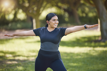 Image showing Woman, music earphones and yoga in park, nature environment or sustainability location for wellness, health or body mobility. Smile, happy or stretching yogi listening to zen podcast or mindset radio