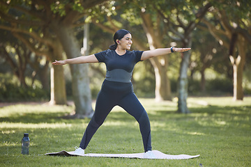 Image showing Yoga, stretching and lose weight of woman with body wellness, fitness training and pilates workout in nature park field. Mental health, healthy lifestyle and exercise sports person outdoor stretching