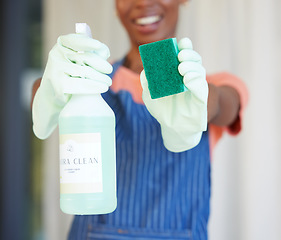Image showing Black woman, hands or spray bottle with sponge, gloves or cleaning product for maid, cleaner service or hospitality worker. Zoom, hygiene container or spring cleaning chemical in bacteria maintenance