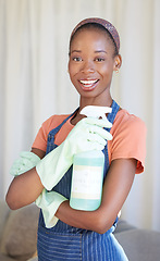 Image showing Black woman, spring cleaning service and spray bottle for housekeeping, sanitation and disinfection of dirt, bacteria and dust in home. Portrait happy maid, hospitality cleaner and house maintenance