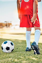 Image showing Fitness, soccer kid or hamstring pain on soccer field for workout exercise, training or football training match. Health, wellness or injured soccer player for muscle injury, leg or medical emergency