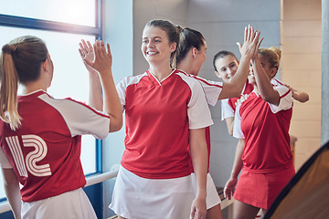 Image showing Girl team, sport and high five for celebration, congratulations and achievement of goal with happiness. Women, teamwork and sports success with smile, happy and together for motivation for game