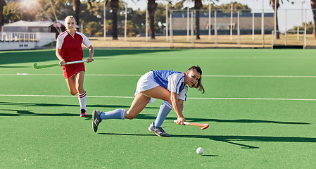 Image showing Hockey, sports and fitness with women on field and training for for workout, endurance and health. Goals, cardio and exercise with hockey player running in stadium for competition, athlete and games
