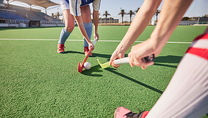 Image showing Sports game, field hockey and women challenge for ball in dynamic club competition, workout performance or practice match. Fitness exercise, training action and athlete battle tackle on stadium turf
