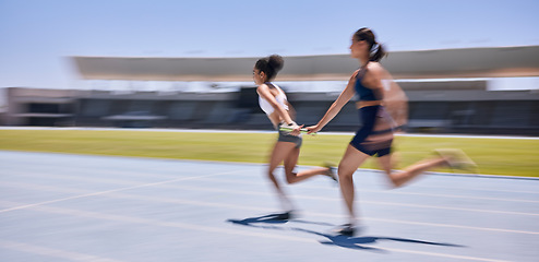 Image showing Speed race, relay and woman running in marathon, sports event or high energy track sprint. Action, moving and teamwork of fast athlete, runner or women cardio training for France competition