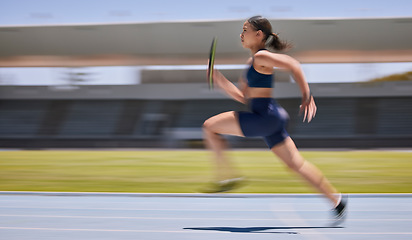 Image showing Fitness, speed and runner, woman running relay race with athlete and training on stadium track for sports and cardio. Marathon, energy and athletic female, sport and workout run with active life.