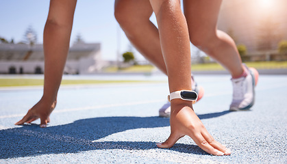 Image showing Woman athlete, runner and start training, fitness and exercise for race, marathon and running on track outdoor. Sports, challenge and speed with sport person with cardio for competition at olympics