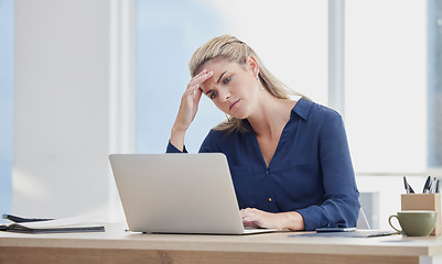 Image showing Stress, headache and anxiety for lawyer on laptop in office, law firm or consulting company. Confused, thinking attorney and frustrated legal woman with technology 404 glitch or court case burnout