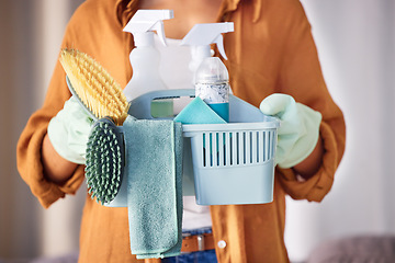 Image showing Cleaner, cleaning supplies and ready to start work, prepare for labor and hygiene with brush, bottles and liquid detergents. Domestic, woman and female employee working service, fresh space and cloth