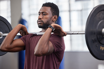 Image showing Strong man, barbell overhead press and gym exercise, workout and functional training in sports club. Black man, bodybuilder and power weightlifting challenge with heavy weights, focus and motivation