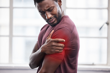 Image showing Man, shoulder pain and inflammation from sport exercise workout. African american athlete, frustrated black man and arm muscle injury or medical accident emergency during healthy fitness training