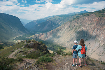 Image showing Woman an her son on the viewpoint of valley of the river of Chulyshman