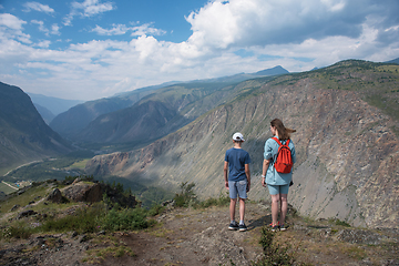 Image showing Woman an her son on the viewpoint of valley of the river of Chulyshman