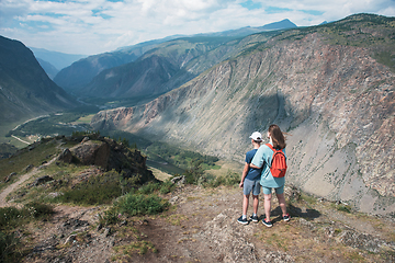 Image showing Woman an her son on the viewpoint of valley of the river of Chulyshman