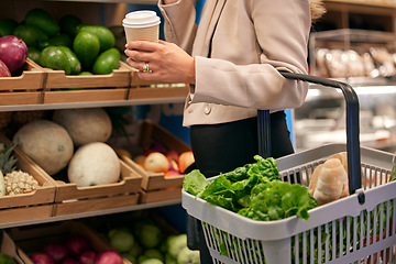 Image showing Woman, shopping and supermarket for groceries, food and ingredients in store, for meal and with coffee. Inflation, customer and client purchase vegetables, shelf with products and consumer buying.