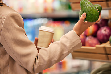 Image showing Supermarket, avocado and woman hand shopping for fruit, fresh and produce at grocery store. Retail, food and customer buying organic product for health, diet and wellness, detox and healthy lifestyle