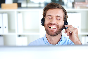 Image showing Call center, consulting and communication with businessman at computer for telemarketing, customer support and sales. Help desk, contact us and phone call with employee in office for crm consultant