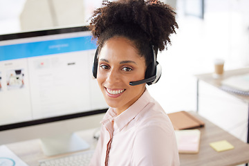 Image showing Call center, customer support and consulting with black woman at computer for online shopping, design or technology help desk. Communication, telemarketing and portrait of employee for crm or contact