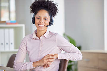 Image showing Call center, communication and smile with portrait of black woman in office for consulting, telemarketing and customer support. Sales, receptionist and contact us with employee at help desk for crm