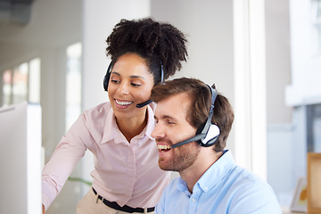 Image showing Call center, telemarketing and team training for customer service agent advice in an agency. Contact us, support and consultant colleague computer education and help for hotline operator assistance