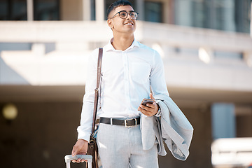 Image showing Business man, suitcase and travel for work while thinking, opportunity and connect outdoor. Leadership vision, confident and business trip to destination, commute or smile while on journey with phone