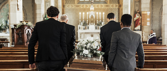 Image showing Funeral, church and group carry coffin in service, death or sermon for burial with support. Friends, family or pallbearers with casket for respect, help or sorrow in mourning, worship or god religion