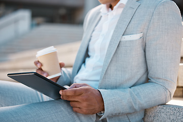 Image showing Black man, business and tablet with coffee for marketing strategy, planning sale growth or social media outdoor. Male, digital device for analytics or entrepreneur relax or browse online for research