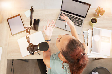 Image showing Top view, podcast microphone and woman on laptop recording audio for live streaming mockup. Presenter, host and female influencer on mic for talk show broadcast, radio or talking to online audience.